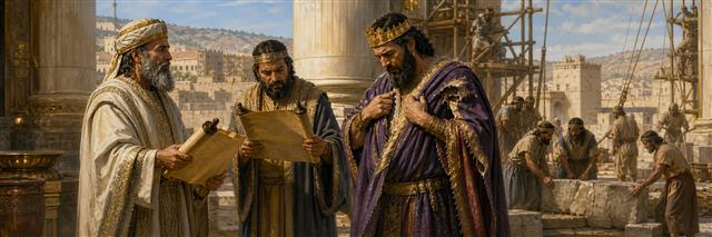 Hilkiah and a secretary reading the rediscovered scroll as King Josiah tears his robe